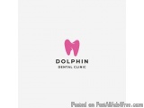 The image is a logo for a dental clinic called Dolphin Dental Clinic. The logo is a simple design with a pink color and black...