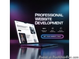 The image is a digital advertisement for a professional website development company. The background is black with a purple an...