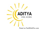 The image is a logo for Aditya Steel Works. It is a circular design with a yellow sunburst in the center. The sunburst is mad...