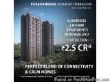 The image is an advertisement for Puravankara Silversky Hebbagodi, a luxury 3 & 4 BHK apartment complex in Bengaluru, India....