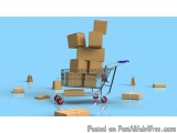 The image shows a shopping cart filled with cardboard boxes. The cart is blue and has red wheels. The boxes are stacked on to...