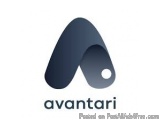 The image is a logo for a company called Avantari. The logo is a dark blue triangle with a white circle in the center. The tr...