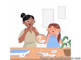 The image shows a mother and daughter sitting at a desk with a magnifying glass in front of them. The mother is standing behi...