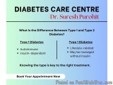 The image is a slide from the Diabetes Care Centre Dr. Suresh Purohit's presentation on Type 1 and Type 2 Diabetes. The slide...