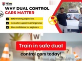 The image is an advertisement for a dual control car training course. It has a white background with a red and yellow banner...