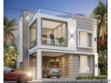 The image is a 3D rendering of a modern two-story house. The house is located in a tropical location with palm trees and othe...