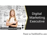 The image is a digital marketing executive job description postcard. It features a young woman with long blonde hair, wearing...
