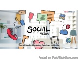 The image is a graphic design that represents the concept of social media marketing services in Noida. It has a white backgro...
