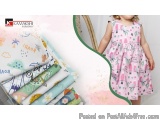 The image is a collage of two photos. On the left side, there is a stack of colorful fabrics with different patterns and desi...