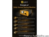 The image is an infographic that explains the principle of the Eddy Current Testing Machine. It has a black background with a...