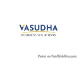 The image is a logo for Vasudha Business Solutions. The logo is written in a modern, sans-serif font and is in a blue color....