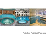 The image is a collage of three photographs of an indoor swimming pool. The first photograph on the left shows a large indoor...