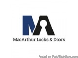 The image is a logo for MacArthur Locks & Doors. It is a combination of the letter "M" and "A" in blue and black colors, with...