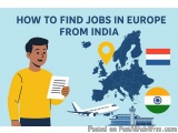 The image is an illustration that explains how to find jobs in Europe from India. It has a blue background with a map of Euro...