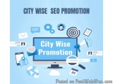 The image is an illustration that represents the concept of city wise SEO promotion. It has a blue background with a computer...