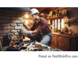 In this image, we can see a man wearing a white hard hat and a plaid shirt, working on a brick fireplace in a kitchen. He is...