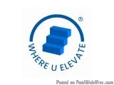 The image is a logo for a company called "Where U Elevate". The logo is circular in shape and has a blue background. In the c...