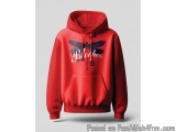 The image is of a red hoodie with a graphic design on the front. The design features a blue dragonfly with the word "Blooms"...