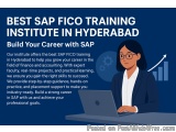 The image is an advertisement for the best SAP FICO training institute in Hyderabad. It features a woman sitting at a desk wi...