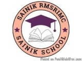 The image is the logo of Sainik RMSRMC, a school in India. The logo is circular in shape and has a pink background. In the ce...