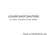 The image is a logo for a company called Louver Shop Shutters. The logo is written in black text on a white background. The t...