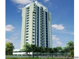 The image is a 3D rendering of a tall, modern apartment building. The building is white in color and has multiple floors and...