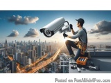 The image shows a man working on a rooftop with a security camera. He is wearing a cap, a t-shirt, and a tool belt with vario...