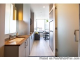 The image shows a modern kitchen with a large window on the right side of the image. The kitchen has a wooden countertop with...