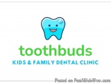 The image is a logo for a dental clinic called Toothbuds Kids & Family Dental Clinic. The logo is a simple design with a blue...