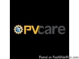 The image is a logo for a company called PVcare. The logo is black with the word "PVcare" written in white capital letters in...