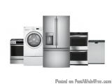 The image shows a group of modern kitchen appliances, including a refrigerator, oven, stove, and dishwasher. All of the appli...