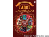 The image is the cover of a book titled "Tarot dan Numerologi" by Hermes Fortune. The cover is predominantly maroon in color...