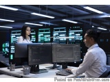 The image shows a man and a woman working in a control room. They are both sitting at a desk with multiple computer monitors...