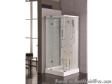 The image shows a modern bathroom with a glass shower enclosure. The shower enclosure is rectangular in shape and has a white...
