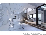 The image is a 3D rendering of a modern and minimalist living and dining area. The room has a high ceiling with exposed beams...