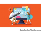 The image shows two people, a man and a woman, standing in front of a large computer monitor with the words "Graphic Design"...
