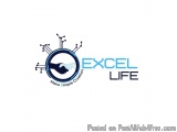 The image is a logo for a company called Excel Life. The logo is a circular design with a blue background and a white outline...