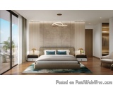 The image shows a modern and luxurious bedroom with a large window on the left side. The window has a view of the ocean and p...