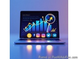 The image shows a laptop with a blue background. On the laptop screen, there is a graph with an upward trend and a magnifying...
