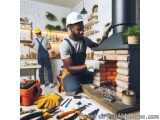 The image shows a man wearing a white hard hat and overalls, working on a brick fireplace in a workshop. He is kneeling on th...