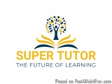 The image is a logo for a company called "Super Tutor: The Future of Learning". The logo is a simple design with a blue and y...