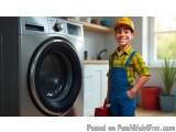 The image shows a young boy wearing a yellow hard hat and overalls, standing in front of a washing machine in a laundry room....