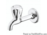 The image shows a modern and sleek bathroom faucet. It is made of chrome and has a shiny finish. The spout is curved and has...