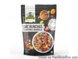 The image is of a packet of Jewel Farmer Oat Bunches Berrymix Granola. The packet is black in color and has a picture of a bo...