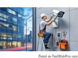 The image shows a construction worker on a ladder installing a security camera on a wall. The worker is wearing a white hard...