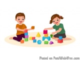 The image shows two children, a boy and a girl, sitting on the floor and playing with colorful building blocks. The boy is we...