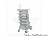 The image shows a medical trolley with four wheels. It is made of metal and has a rectangular shape with a flat top surface....