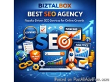 The image is an advertisement for a SEO agency called BiztalBox. The background is blue and the text is in white. The text re...
