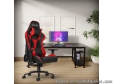 The image shows a modern home office setup with a black and red gaming chair in the center. The chair has a high backrest and...