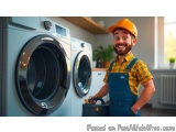 The image shows a young man wearing a yellow hard hat and overalls, standing in front of a washing machine in a laundry room....